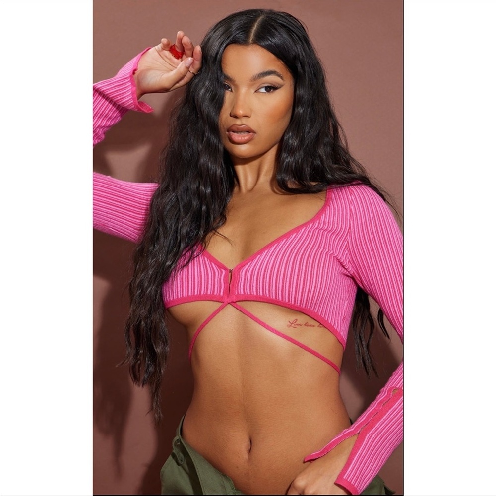 PRETTY LITTLE THING striped tie up crop top in pink